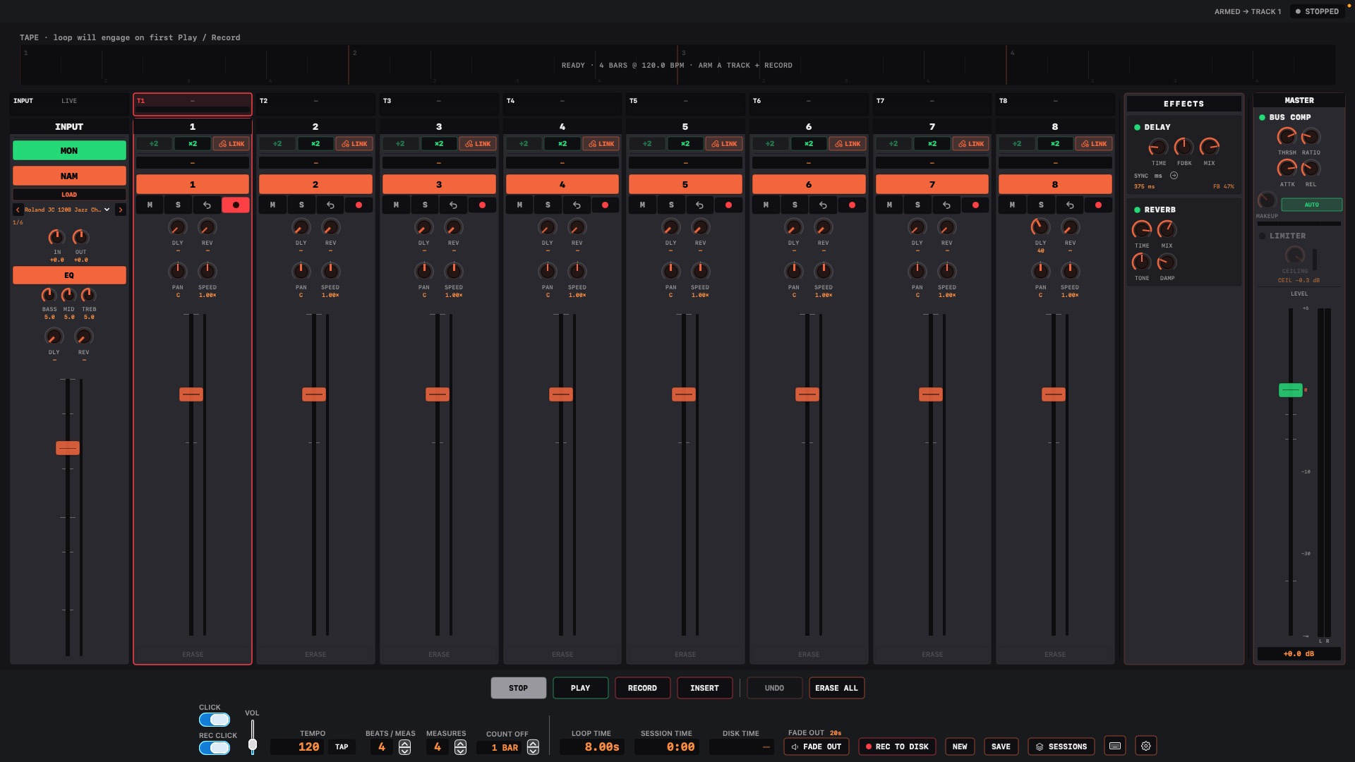 Tape Looper 1.3.0: eight channel strips, Neural Amp Modeler on the INPUT strip with a Jazz Chorus capture loaded, tape timeline across the top, delay and reverb rack, and a master section with bus compressor and limiter.