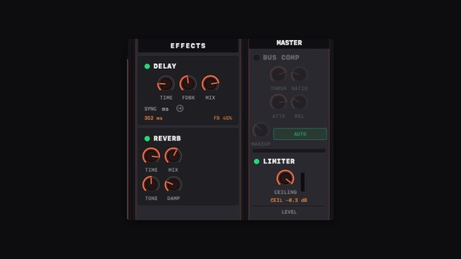 The delay and reverb returns beside the master bus compressor and limiter.