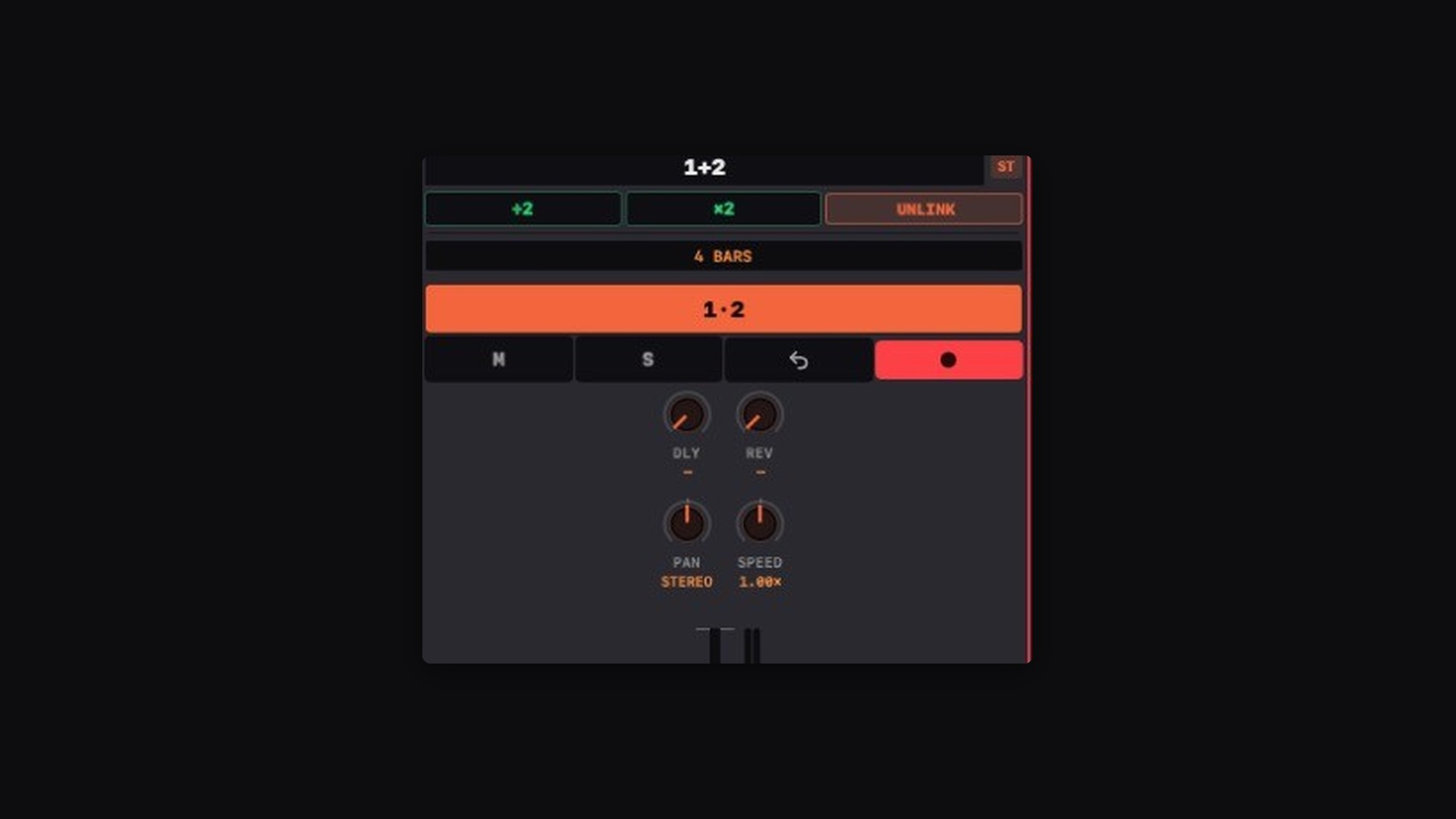 A stereo-linked channel strip, with divide, multiply, unlink, mute, solo and record.