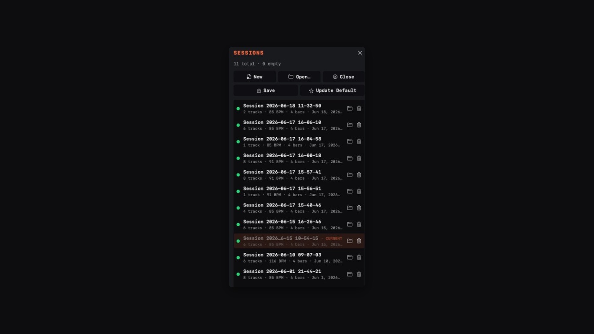 The sessions drawer: named takes you can search, preview and reopen.